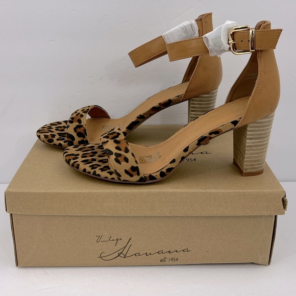 Vintage Havana Shoes - VINTAGE HAVANA,BEIGE & COFFEE LEOPARD PRINT OPEN TOE MIDTOP, ANKLE LOOP W/BUCKLE